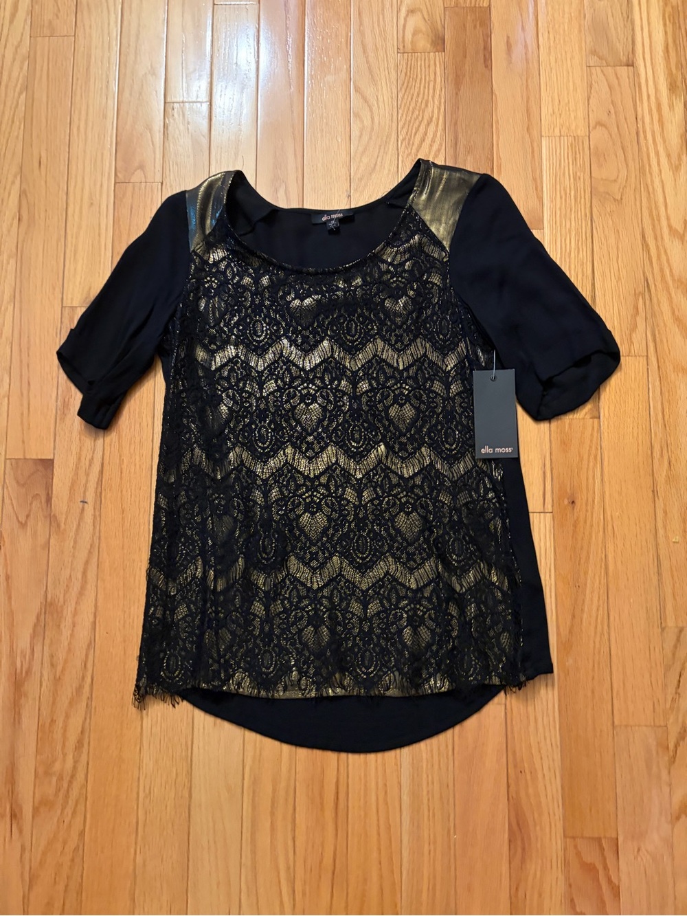 Ella Moss Black Top with Gold Lace Front and Metallic Shoulder Accents